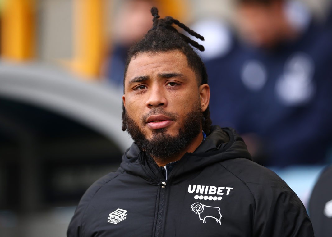 LONDON, ENGLAND - NOVEMBER 06: Colin Kazim-Richards of Derby County looks on prior to the Sky Bet Championship match between Millwall and Derby County at The Den on November 06, 2021 in London, England. (Photo by Jacques Feeney/Getty Images)