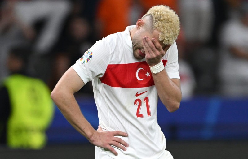 BERLIN, GERMANY - JULY 06: Baris Alper Yilmaz of Turkiye shows dejection following defeat in the UEFA EURO 2024 quarter-final match between Netherlands and Türkiye at Olympiastadion on July 06, 2024 in Berlin, Germany. (Photo by Stu Forster/Getty Images)