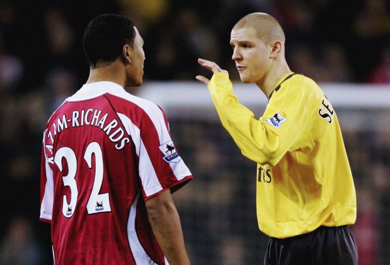 SHEFFIELD, UNITED KINGDOM - DECEMBER 30: Colin Kazim-Richards of Sheffield and Phillippe Senderos of Arsenal exchange words during the Barclays Premiership match between Sheffield United and Arsenal at Bramall Lane on December 30, 2006 in Sheffield, England.  (Photo by Ross Kinnaird/Getty Images)