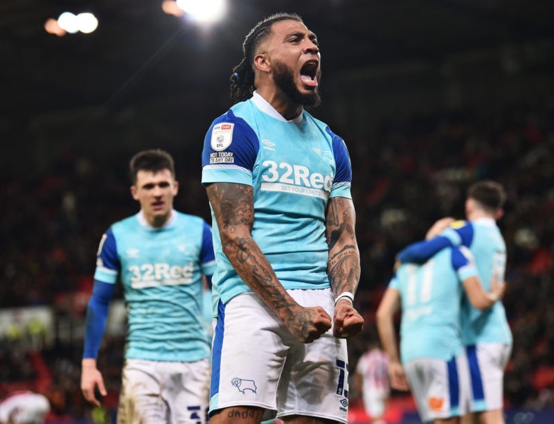 STOKE ON TRENT, ENGLAND - DECEMBER 30: Colin Kazim-Richards of Derby County celebrates after scoring their sides second goal during the Sky Bet Championship match between Stoke City and Derby County at Bet365 Stadium on December 30, 2021 in Stoke on Trent, England. (Photo by Nathan Stirk/Getty Images)