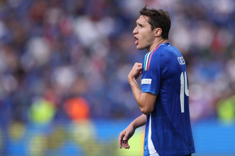 BERLIN, GERMANY - JUNE 29: Federico Chiesa of Italy reacts during the UEFA EURO 2024 round of 16 match between Switzerland and Italy at Olympiastadion on June 29, 2024 in Berlin, Germany. (Photo by Alex Grimm/Getty Images)