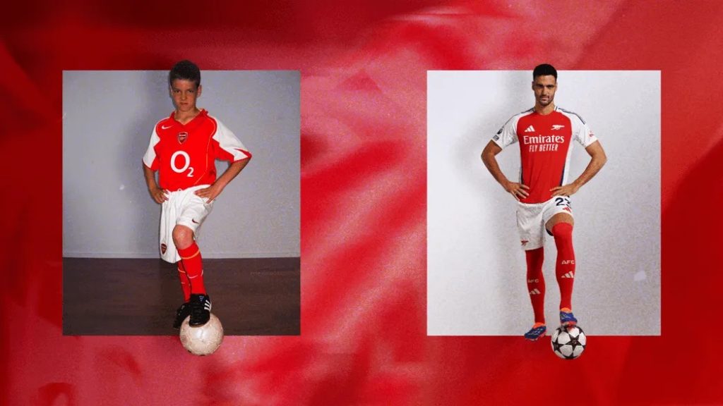 Mikel Merino in an Arsenal kit in 2005 and 2024 (Photo via Arsenal.com)