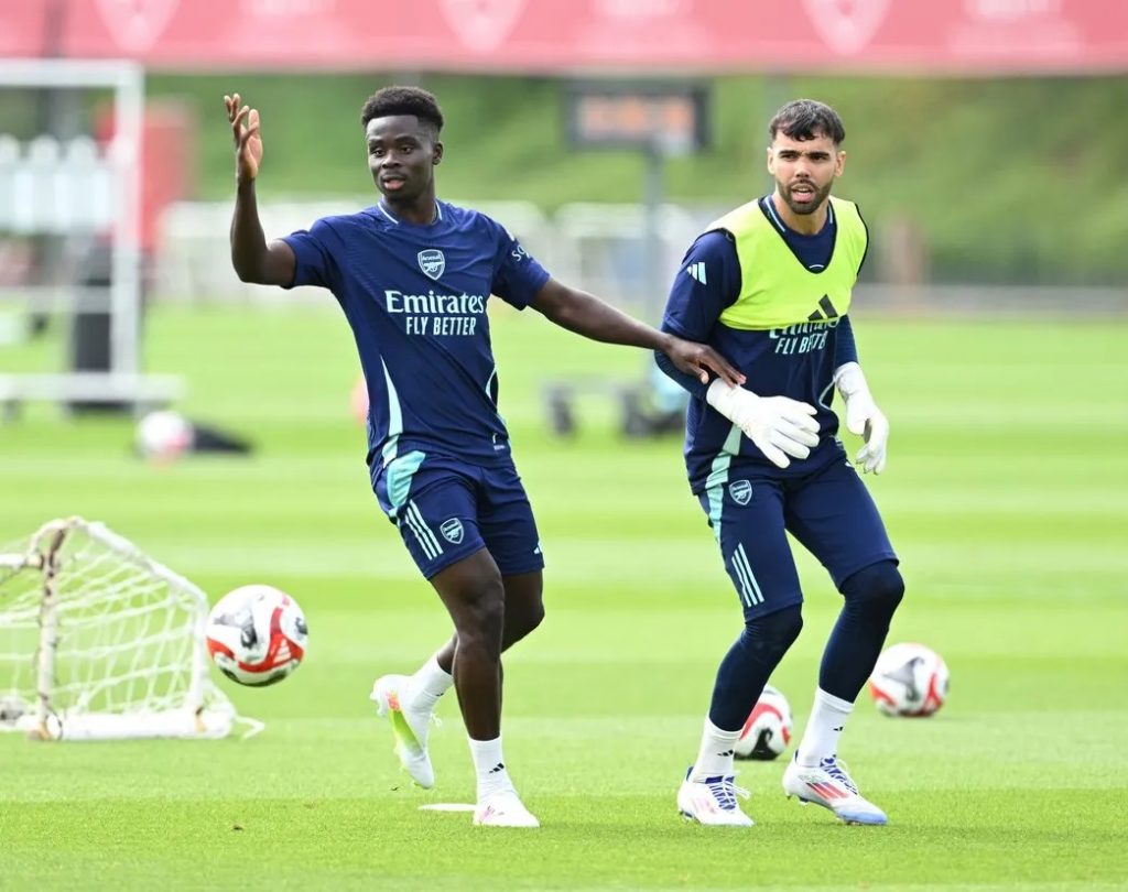 Bukayo Saka and David Raya in training with Arsenal (Photo via Arsenal.com)