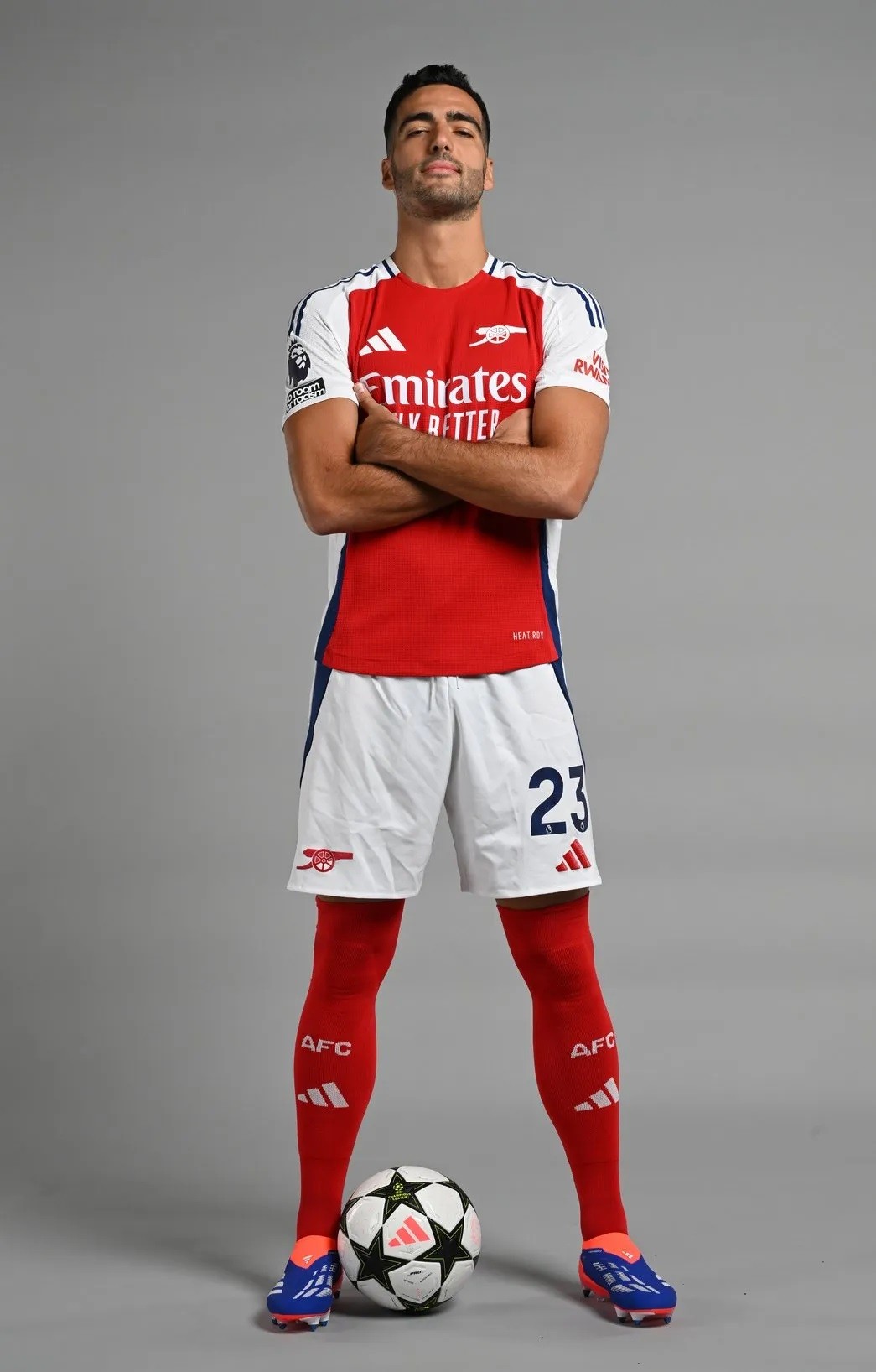 Mikel Merino in an Arsenal kit in 2024 (Photo via Arsenal.com)