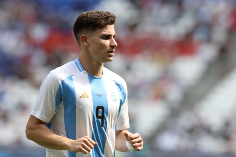 LYON, FRANCE - JULY 27: Julian Alvarez #9 of Team Argentina reacts during the Men's group B match between Argentina and Iraq during the Olympic Games Paris 2024 at Stade de Lyon on July 27, 2024 in Lyon, France. (Photo by Claudio Villa/Getty Images)