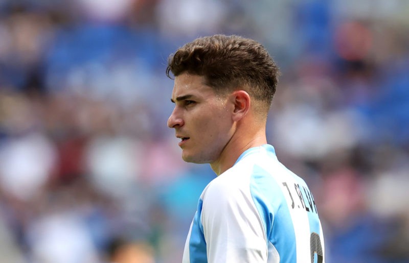 LYON, FRANCE - JULY 27: Julian Alvarez #9 of Team Argentina looks on during the Men's group B match between Argentina and Iraq during the Olympic Games Paris 2024 at Stade de Lyon on July 27, 2024 in Lyon, France. (Photo by Claudio Villa/Getty Images)