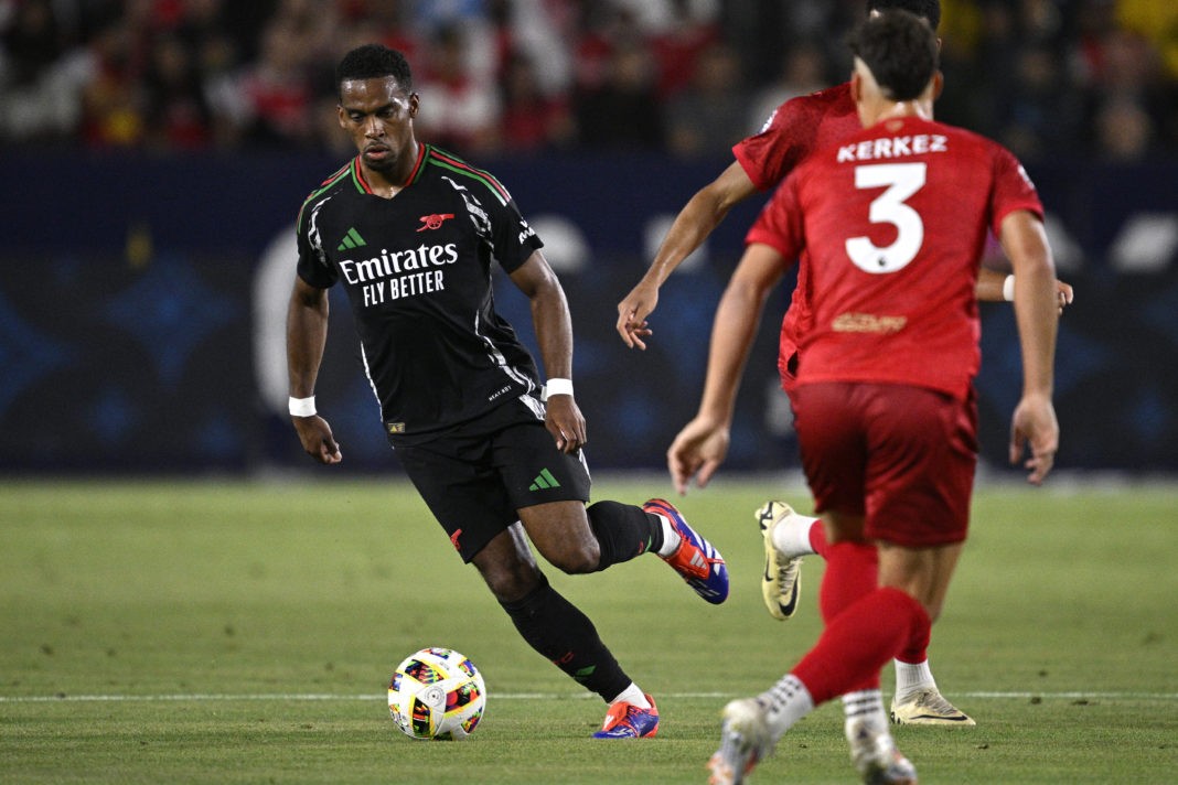 CARSON, CALIFORNIA - JULY 24: Jurrien Timber #12 of Arsenal FC controls the ball during the first half against AFC Bournemouth during a pre-season friendly match between Arsenal FC and AFC Bournemouth at Dignity Health Sports Park on July 24, 2024 in Carson, California. (Photo by Orlando Ramirez/Getty Images)