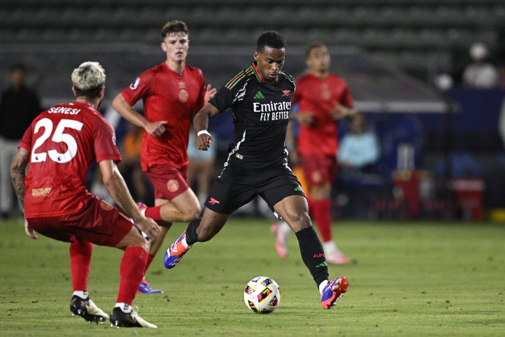 CARSON, CALIFORNIA - JULY 24: Jurrien Timber #12 of Arsenal FC controls the ball during the first half against AFC Bournemouth during a pre-season friendly match between Arsenal FC and AFC Bournemouth at Dignity Health Sports Park on July 24, 2024 in Carson, California. (Photo by Orlando Ramirez/Getty Images)