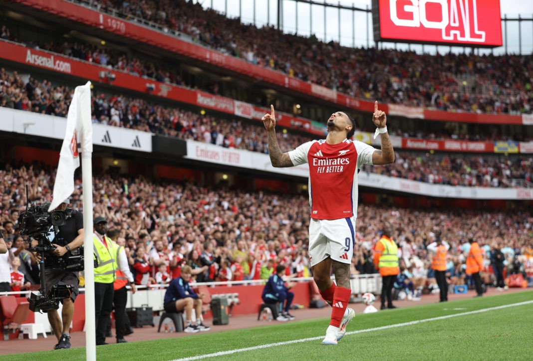 LONDON, ENGLAND - AUGUST 07: Gabriel Jesus of Arsenal celebrates after scoring the third goal during the pre-season friendly match between Arsenal and Bayer 04 Leverkusen at Emirates Stadium on August 07, 2024 in London, England. (Photo by Warren Little/Getty Images)