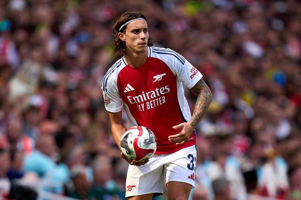 LONDON, ENGLAND: Riccardo Calafiori of Arsenal takes throw-in during the pre-season friendly match between Arsenal and Olympique Lyonnais at Emirates Stadium on August 11, 2024. (Photo by Angel Martinez/Getty Images)