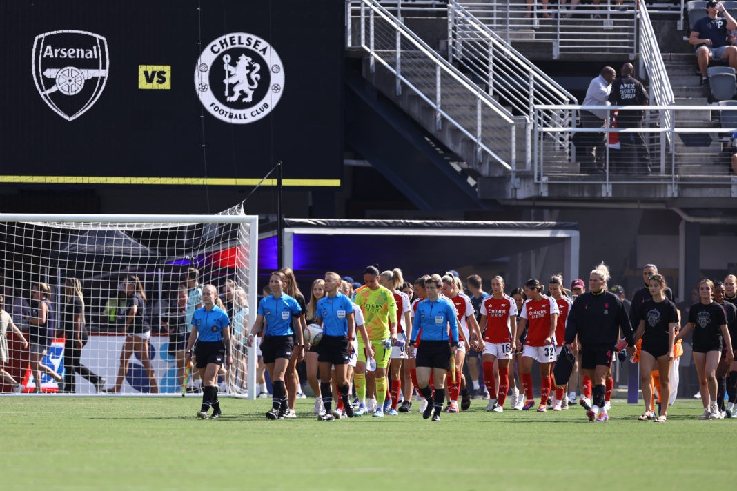 WASHINGTON, DC - AUGUST 25: Arsenal and Chelsea players enter the pitch at Audi Field on August 25, 2024 in Washington, DC. (Photo by Tim Nwachukwu/Getty Images)