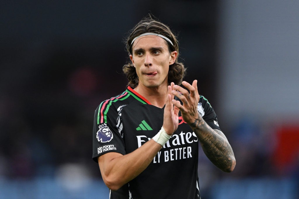 BIRMINGHAM, ENGLAND - AUGUST 24: Riccardo Calafiori of Arsenal acknowledges the fans after the teams victory over Aston Villa in the Premier League match between Aston Villa FC and Arsenal FC at Villa Park on August 24, 2024 in Birmingham, England. (Photo by Shaun Botterill/Getty Images)