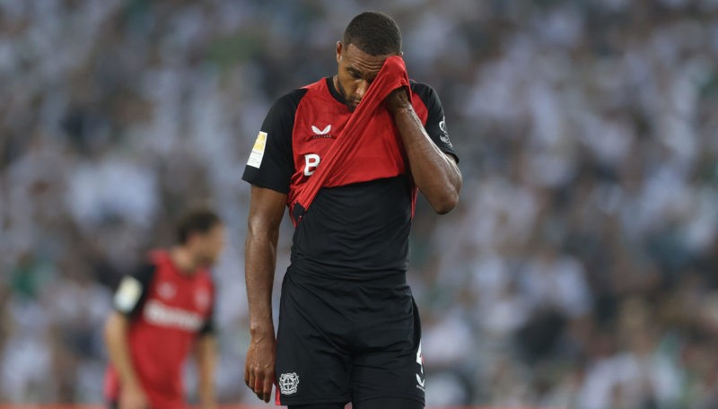 MOENCHENGLADBACH, GERMANY - AUGUST 23: Jonathan Tah of Bayer Leverkusen reacts during the Bundesliga match between Borussia Mönchengladbach and Bayer 04 Leverkusen at Borussia-Park on August 23, 2024 in Moenchengladbach, Germany. (Photo by Lars Baron/Getty Images)