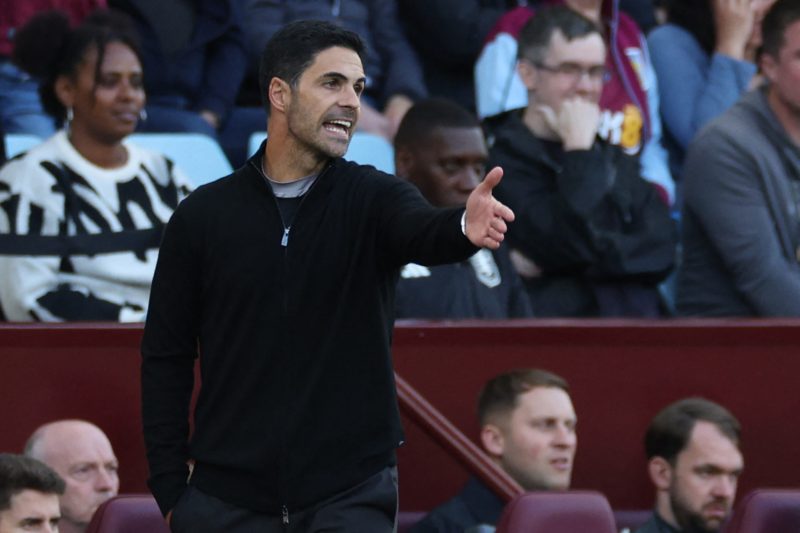 Arsenal's Spanish manager Mikel Arteta gestures on the touchline during the English Premier League football match between Aston Villa and Arsenal at Villa Park in Birmingham, central England on August 24, 2024. (Photo by ADRIAN DENNIS/AFP via Getty Images)