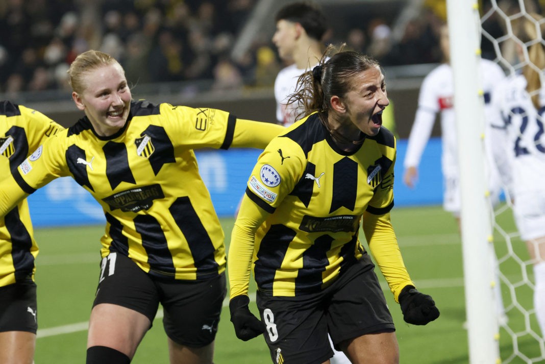 Hacken's Swedish forward #08 Rusul Rosa Kafaji (R) celebrates scoring the 1-1 goal her with team-mate Danish midfielder #21 Johanna Sorensen during the UEFA Women's Champions League quarter-final, first-leg football match between Hacken and Paris Saint-Germain at Hisingen Arena, Gothenburg, Sweden on March 20, 2024. (Photo by ADAM IHSE/TT News Agency/AFP via Getty Images)