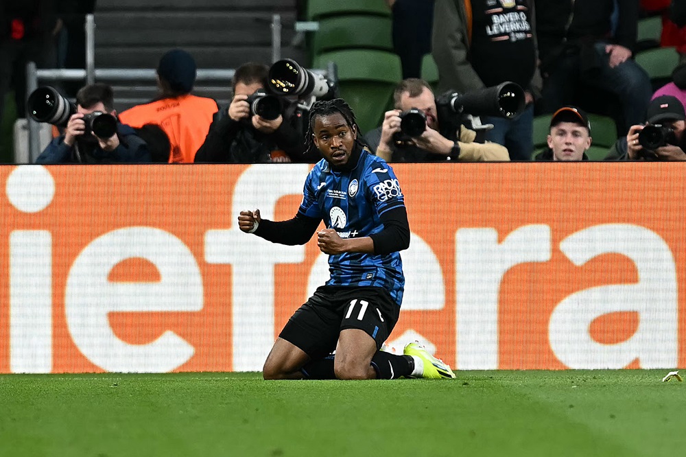 Atalanta's Ademola Lookman celebrates after scoring their second goal during the UEFA Europa League final football match between Atalanta and Bayer Leverkusen at the Dublin Arena stadium, in Dublin, on May 22, 2024. (Photo by PAUL ELLIS/AFP via Getty Images)