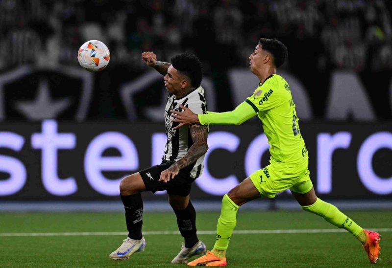 Botafogo's forward Igor Jesus (L) and Palmeiras' defender Vitor Reis fight for the ball during the Copa Libertadores round of 16 first leg all-Brazilian football match between Botafogo and Palmeiras at the Olimpico Nilton Santos stadium in Rio de Janeiro, Brazil, on August 14, 2024. (Photo by Pablo PORCIUNCULA / AFP) (Photo by PABLO PORCIUNCULA/AFP via Getty Images)