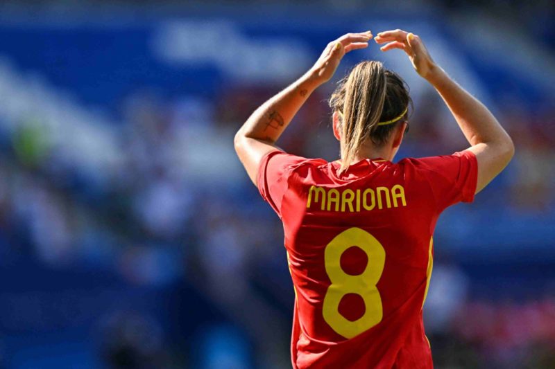 Spain's forward #08 Mariona Caldentey reacts during the women's quarter-final football match between Spain and Colombia during the Paris 2024 Olympic Games at the Lyon Stadium in Lyon on August 3, 2024. (Photo by Arnaud FINISTRE / AFP) (Photo by ARNAUD FINISTRE/AFP via Getty Images)