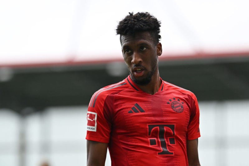 MUNICH, GERMANY - AUGUST 20: Kingsley Coman of FC Bayern Muenchen looks on during the Preseason Friendly match between FC Bayern München and Grashoppers Zürich at FCB Campus on August 20, 2024 in Munich, Germany. (Photo by Sebastian Widmann/Getty Images)