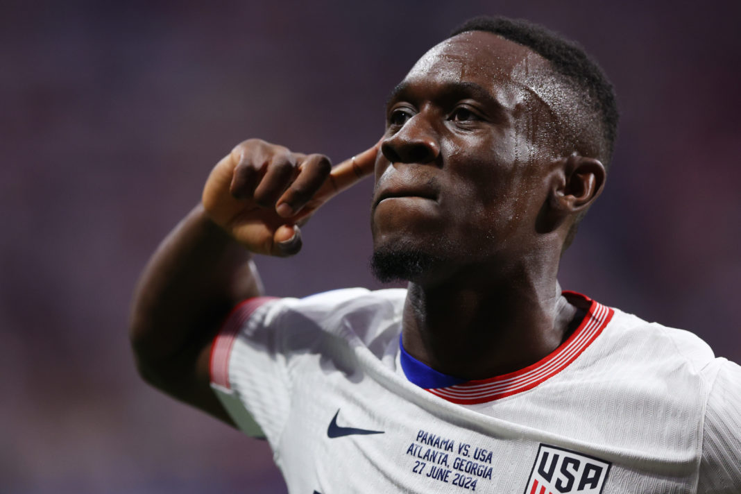 ATLANTA, GEORGIA - JUNE 27: Folarin Balogun of United States celebrates after scoring the team's first goal during the CONMEBOL Copa America USA 2024 Group C match between Panama and United States at Mercedes-Benz Stadium on June 27, 2024 in Atlanta, Georgia. (Photo by Todd Kirkland/Getty Images)