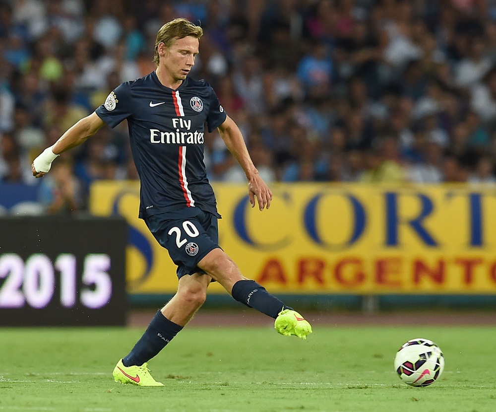 NAPLES, ITALY: Clement Chantome of Paris Saint Germain in action during the pre-season friendly match between SSC Napoli and Paris Saint-Germain FC at Stadio San Paolo on August 11, 2014. (Photo by Giuseppe Bellini/Getty Images)