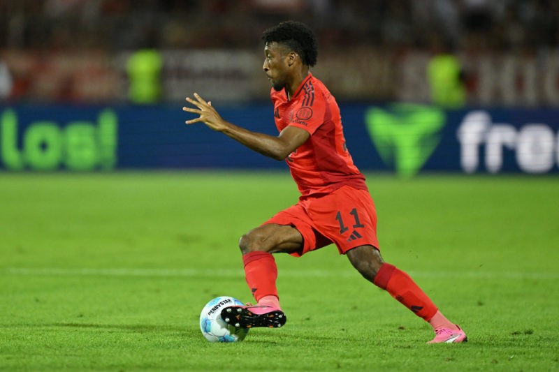 ULM, GERMANY - AUGUST 16: Kingsley Coman of FC Bayern Muenchen plays the ball during the DFB-Pokal match between SSV Ulm 1846 and FC Bayern München at Donaustadion on August 16, 2024 in Ulm, Germany. (Photo by Sebastian Widmann/Getty Images)