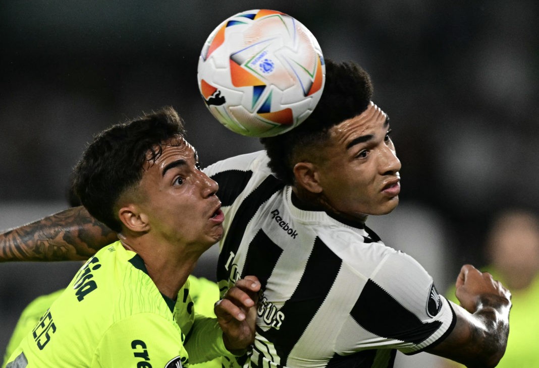 TOPSHOT - Palmeiras' defender Vitor Reis (L) and Botafogo's forward Igor Jesus fight for the ball during the Copa Libertadores round of 16 first leg all-Brazilian football match between Botafogo and Palmeiras at the Olimpico Nilton Santos stadium in Rio de Janeiro, Brazil, on August 14, 2024. (Photo by Pablo PORCIUNCULA / AFP) (Photo by PABLO PORCIUNCULA/AFP via Getty Images)