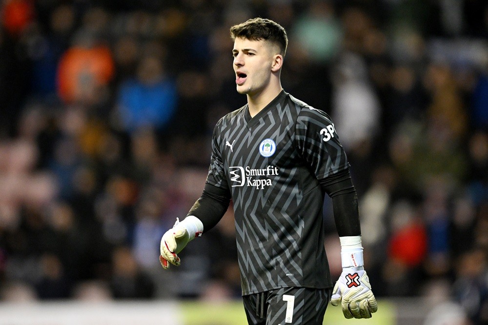 WIGAN, ENGLAND: Sam Tickle of Wigan Athletic looks on during the Emirates FA Cup Third Round match between Wigan Athletic and Manchester United at DW Stadium on January 08, 2024. (Photo by Michael Regan/Getty Images)