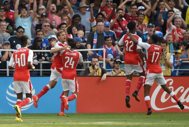 SAN JOSE, CA - JULY 28: Chuba Akpom #32 of Arsenal FC celebrates with teammates, Alex Iwobi #17, Hector Bellerin #24 and Gedion Zelalem #40 after Akpom scored a goal against the MLS All-Stars during the second half of the AT&T MLS All-Star Game at Avaya Stadium on July 28, 2016 in San Jose, California. (Photo by Thearon W. Henderson/Getty Images)