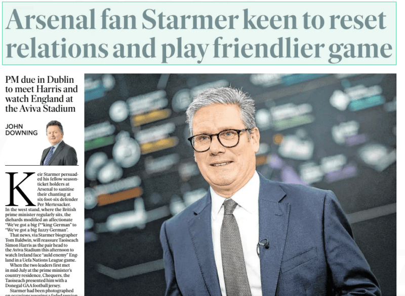 Arsenal fan Starmer keen to reset relations and play friendlier game PM due in Dublin to meet Harris and watch England at the Aviva Stadium Irish Independent7 Sep 2024JOHN DOWNING Keir Starmer persuaded his fellow seasonticket holders at Arsenal to sanitise their chanting at six-foot-six defender Per Mertesacker. In the west stand, where the British prime minister regularly sits, the diehards modified an affectionate “We’ve got a big f**king German” to “We’ve got a big fuzzy German”. That news, via Starmer biographer Tom Baldwin, will reassure Taoiseach Simon Harris as the pair head to the Aviva Stadium this afternoon to watch Ireland face “auld enemy” England in a Uefa Nations League game. When the two leaders first met in mid-July at the prime minister’s country residence, Chequers, the Taoiseach presented him with a Donegal GAA football jersey.