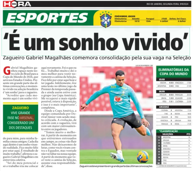 'It's a dream lived’ Defender Gabriel Magalhães celebrates consolidating his place in the National Team Meiahora - RJ9 Sep 2024 LUCAS FIGUEIREDO / CBF Defender has been present in most of the last calls Gabriel Magalhães won space in this new cycle of Brazil for the 2026 World Cup, which will be in the United States. Present in most of the last calls, the moment lived in the Brazilian team is ‘ a dream’ for the defender. "I believe that every moment here is a dream lived for me, for my family and my friends. Every day in here is a dream come true. I'm very happy to be here. It is the result of a lot of work,” said defender Gabriel Magalhães at a press conference. "I know my potential and only work would put me here again. That's what I did... I worked hard and did my best to put the national team shirt back on. I'm happy to be here today and to have played. Unfortunately, I had an injury in the last Premier League game last season and I was still with the group (in the Copa America). I recovered as soon as possible, I was available, and this is the most important thing,” he added. Since the Copa América, the team led by Dorival Júnior has been heavily criticized. The evolution, according to the defender, will come with a greater rapport between the players. “We have a lot to improve. From the moment we are on the field, things will flow better. We will not stop fighting, as you saw against Ecuador, but will will not be lacking in our team. From the moment you wear the national team shirt, you assume that responsibility,” he said. DEFENDER LIVES GREAT PHASE IN ARSENAL, CONSIDERED ONE OF THE HIGHLIGHTS