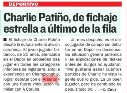 Charlie Patiño, from star signing to last in line AS (Levante)26 Sep 2024 The signing of Charlie Patiño unleashed the euphoria among the Coruña fans. The young British player, 20 years old, landed in the Depor en propiedad after playing in all the youth categories of England, extensive experience in Championship, managed to debut with Arsenal and with a strong family link with A Coruña. A month later, he is the only outfield player without making his debut in a relegation Depor. His situation generates controversy and Idiakez's explanations before Burgos did not help: “I would like to know how many Charlie's matches people who ask for it have seen. He is a good player, but he has changed country, situation...”.