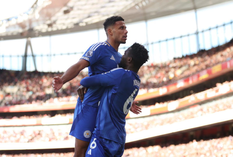 LONDON, ENGLAND - SEPTEMBER 28: James Justin of Leicester City celebrates with teammate Wilfred Ndidi after scoring his team's second goal during the Premier League match between Arsenal FC and Leicester City FC at Emirates Stadium on September 28, 2024 in London, England. (Photo by Julian Finney/Getty Images)