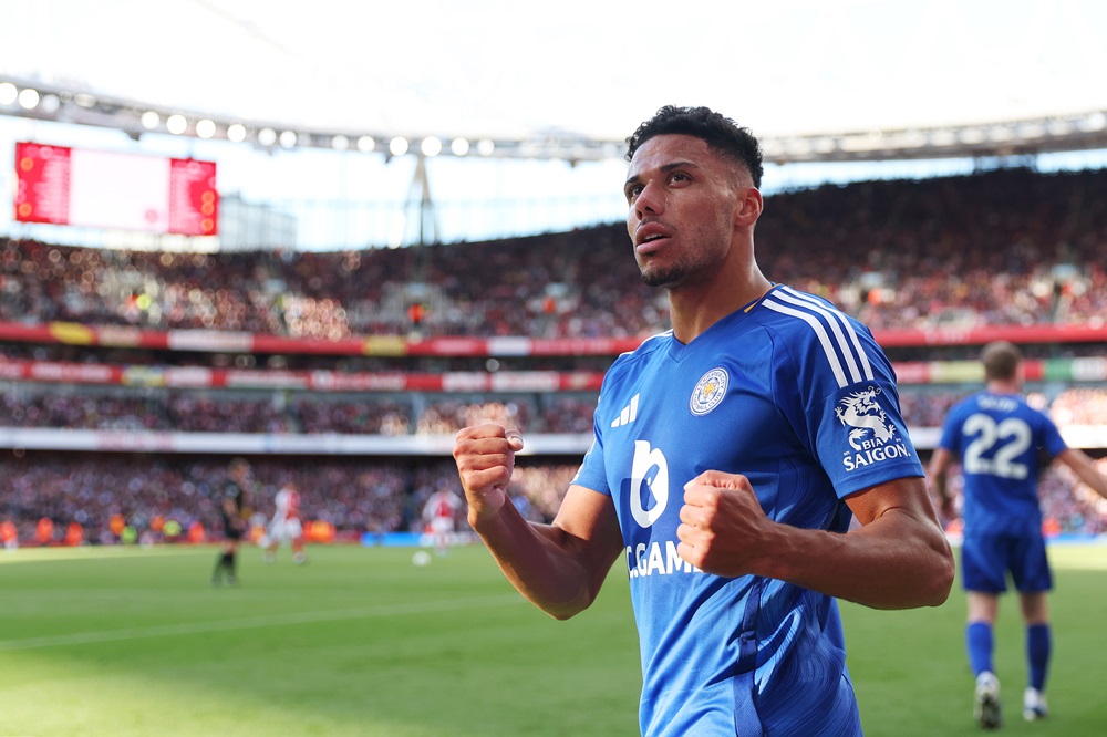 LONDON, ENGLAND: James Justin of Leicester City celebrates scoring his team's second goal during the Premier League match between Arsenal FC and Leicester City FC at Emirates Stadium on September 28, 2024. (Photo by Julian Finney/Getty Images)