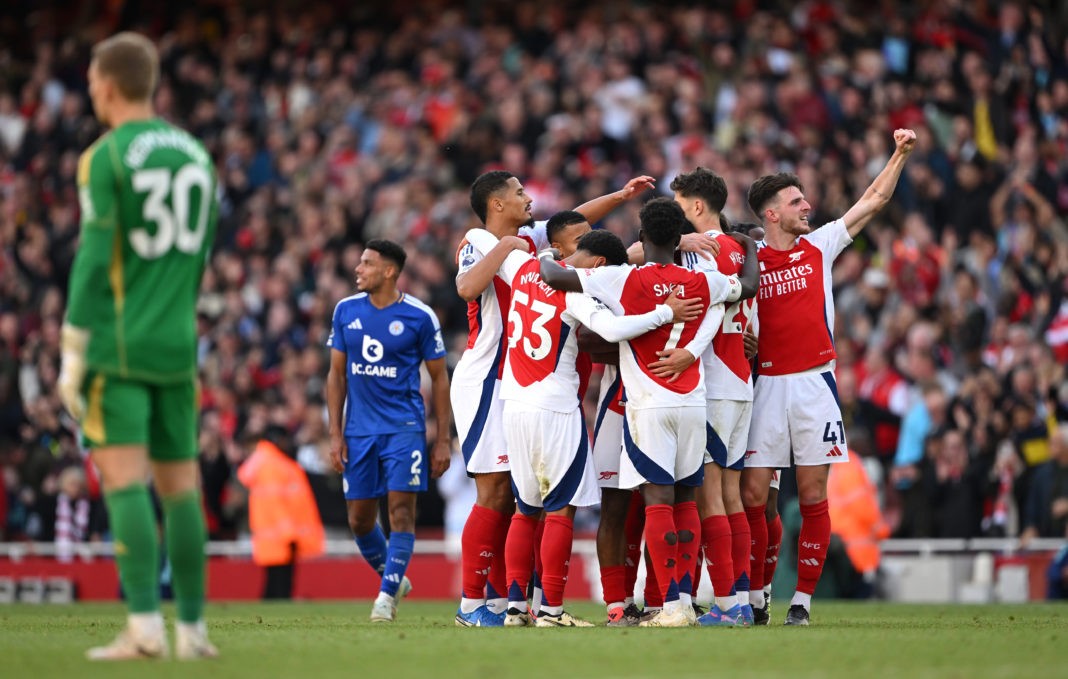 LONDON, ENGLAND - SEPTEMBER 28: Kai Havertz of Arsenal (obscured) celebrates with teammates after scoring his team's fourth goal as Mads Hermansen of Leicester City looks dejected during the Premier League match between Arsenal FC and Leicester City FC at Emirates Stadium on September 28, 2024 in London, England. (Photo by Shaun Botterill/Getty Images)