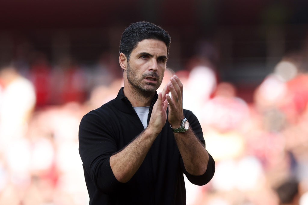 LONDON, ENGLAND - AUGUST 17: Mikel Arteta, Manager of Arsenal, applauds the fans following the team's victory during the Premier League match between Arsenal FC and Wolverhampton Wanderers FC at Emirates Stadium on August 17, 2024 in London, England. (Photo by Eddie Keogh/Getty Images)