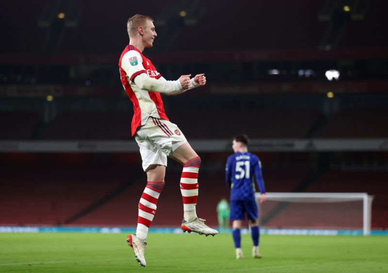 LONDON, ENGLAND - JANUARY 11: Mika Biereth of Arsenal celebrates after he scores his teams second goal during the Papa John's Trophy match between Arsenal U21 and Chelsea U21 at Emirates Stadium on January 11, 2022 in London, England. (Photo by Alex Pantling/Getty Images)