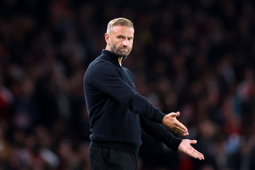 LONDON, ENGLAND - SEPTEMBER 25: Ian Evatt, Manager of of Bolton Wanderers gesturesduring the Carabao Cup Third Round match between Arsenal and Bolton Wanderers at Emirates Stadium on September 25, 2024 in London, England. (Photo by Alex Pantling/Getty Images)