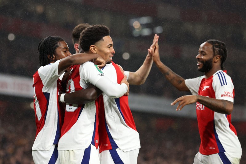 LONDON, ENGLAND - SEPTEMBER 25: Ethan Nwaneri of Arsenal celebrates scoring his team's third goal with teammates during the Carabao Cup Third Round match between Arsenal and Bolton Wanderers at Emirates Stadium on September 25, 2024 in London, England. (Photo by Ryan Pierse/Getty Images)