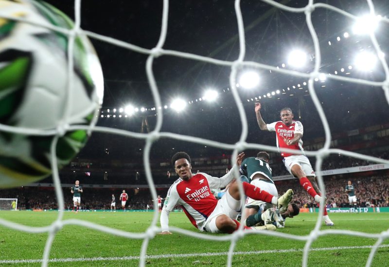 LONDON, ENGLAND - SEPTEMBER 25: Ethan Nwaneri of Arsenal scores his team's second goal past Luke Southwood of Bolton Wanderers during the Carabao Cup Third Round match between Arsenal and Bolton Wanderers at Emirates Stadium on September 25, 2024 in London, England. (Photo by Alex Pantling/Getty Images)