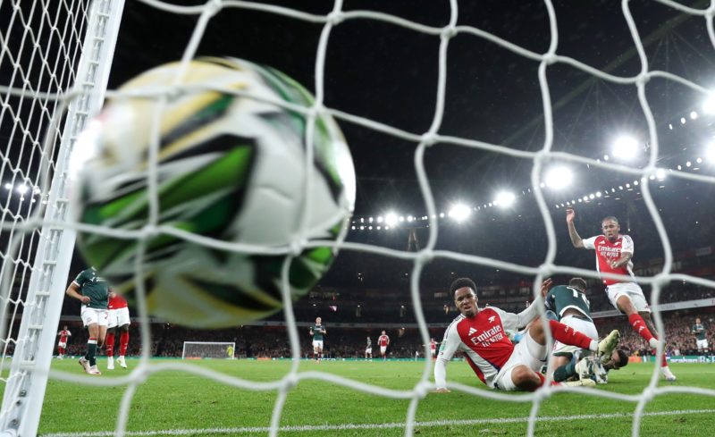 LONDON, ENGLAND - SEPTEMBER 25: Ethan Nwaneri of Arsenal scores his team's second goal past Luke Southwood of Bolton Wanderers during the Carabao Cup Third Round match between Arsenal and Bolton Wanderers at Emirates Stadium on September 25, 2024 in London, England. (Photo by Alex Pantling/Getty Images)