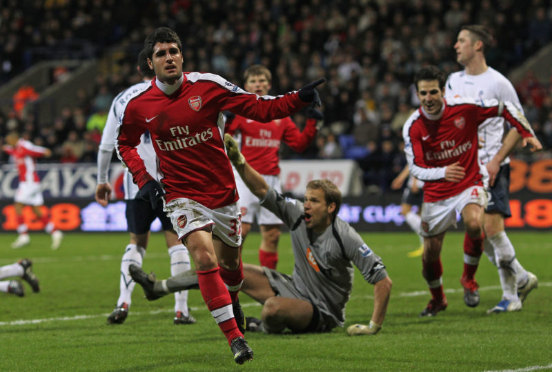 BOLTON, ENGLAND - JANUARY 17: Fran Merida of Arsenal celebrates scoring his team's second goal during the Barclays Premier League match between Bolton Wanderers and Arsenal at the Reebok Stadium on January 17, 2010 in Bolton, England. (Photo by Alex Livesey/Getty Images)