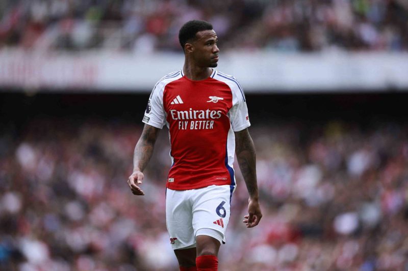 Arsenal's Brazilian defender #06 Gabriel Magalhaes walks on the pitch during the English Premier League football match between Arsenal and Brighton and Hove Albion at the Emirates Stadium in London on August 31, 2024. (Photo by BENJAMIN CREMEL/AFP via Getty Images)