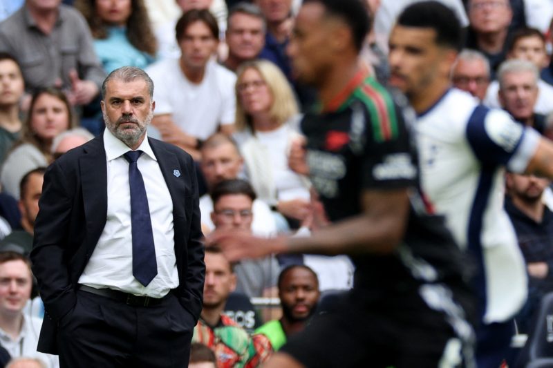 Tottenham Hotspur's Greek-Australian Head Coach Ange Postecoglou watches the players from the touchline during the English Premier League football match between Tottenham Hotspur and Arsenal at the Tottenham Hotspur Stadium in London, on September 15, 2024. (Photo by ADRIAN DENNIS/AFP via Getty Images)