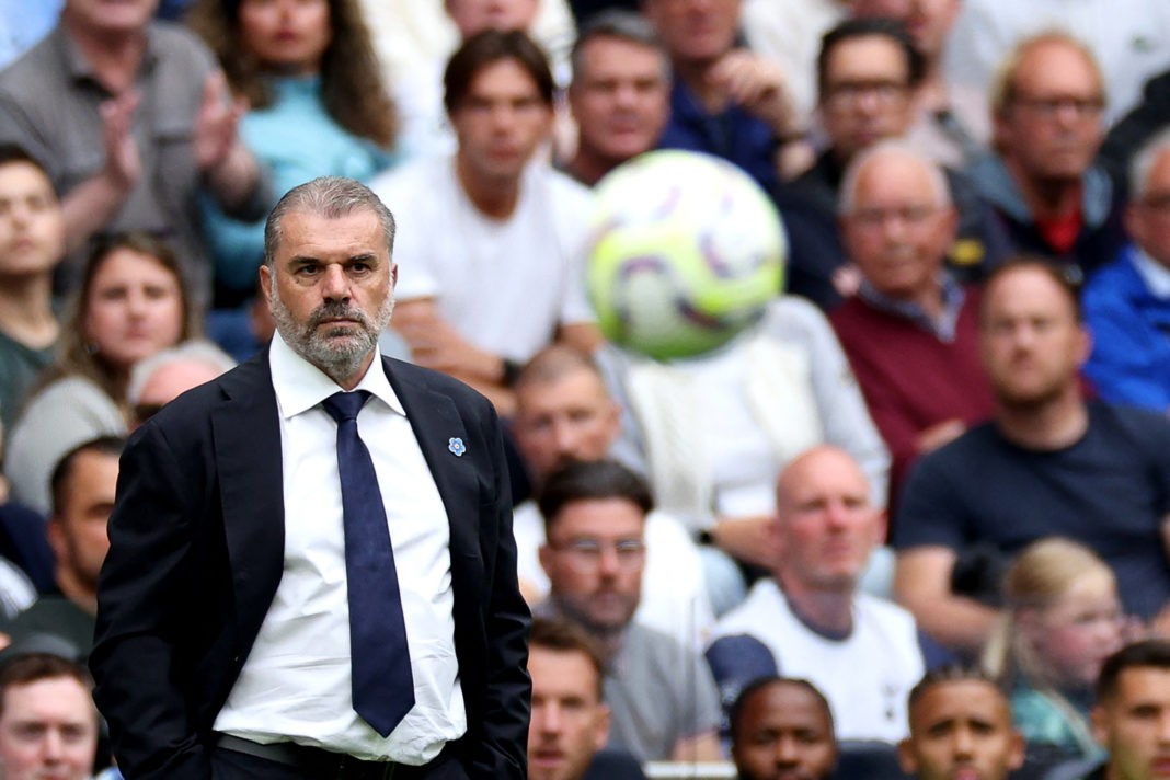 Tottenham Hotspur's Greek-Australian Head Coach Ange Postecoglou watches the players from the touchline during the English Premier League football match between Tottenham Hotspur and Arsenal at the Tottenham Hotspur Stadium in London, on September 15, 2024. (Photo by ADRIAN DENNIS/AFP via Getty Images)