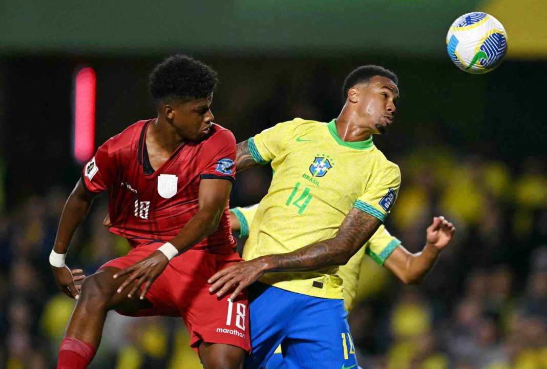 Ecuador's forward John Mercado and Brazil's defender Gabriel Magalhaes fight for the ball during the 2026 FIFA World Cup South American qualifiers football match between Brazil and Ecuador, at the Major Antônio Couto Pereira stadium in Curitiba, Brazil, on September 6, 2024. (Photo by MAURO PIMENTEL/AFP via Getty Images)