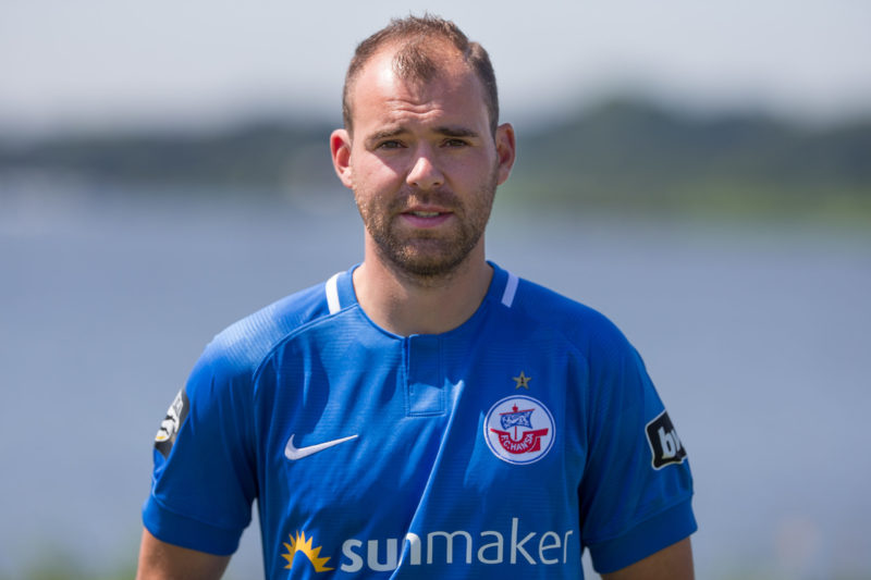 ROSTOCK, GERMANY - JULY 16: Amaury Bischoff of Hansa Rostock poses for a photo during a team presentation on July 16, 2018 in Rostock, Germany. (Photo by Cathrin Mueller/Bongarts/Getty Images)