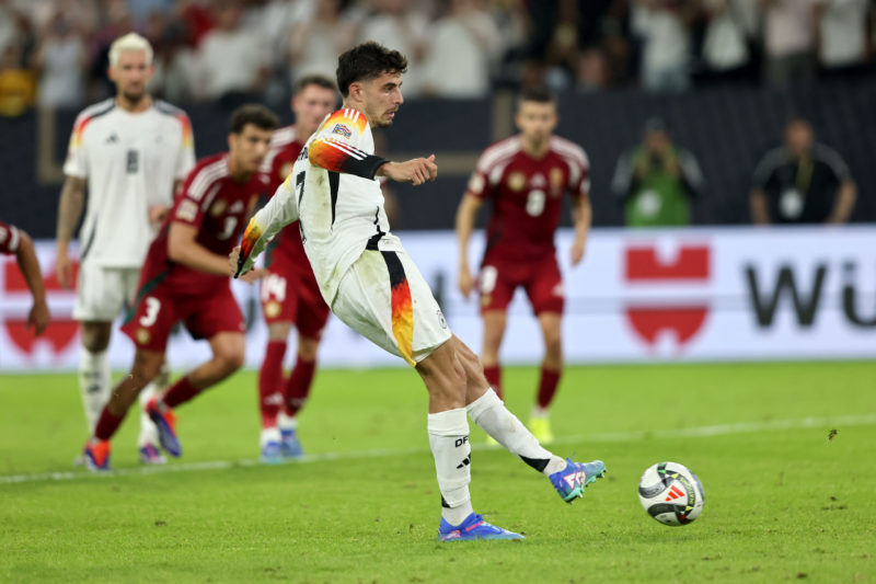 DUESSELDORF, GERMANY - SEPTEMBER 07: Kai Havertz of Germany scores his team's fifth goal, from the penalty spot during the UEFA Nations League 2024/25 League A Group A3 match between Germany and Hungary at Merkur Spiel-Arena on September 07, 2024 in Duesseldorf, Germany. (Photo by Christof Koepsel/Getty Images)