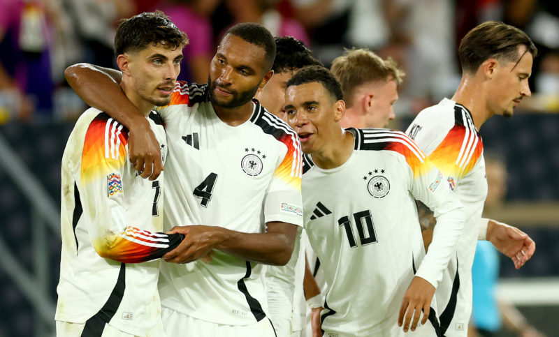 DUESSELDORF, GERMANY - SEPTEMBER 07: Kai Havrtz of Germany celebrates with team mates after scoring his teams fifth goal during the UEFA Nations League 2024/25 League A Group A3 match between Germany and Hungary at Merkur Spiel-Arena on September 07, 2024 in Duesseldorf, Germany. (Photo by Lars Baron/Getty Images)