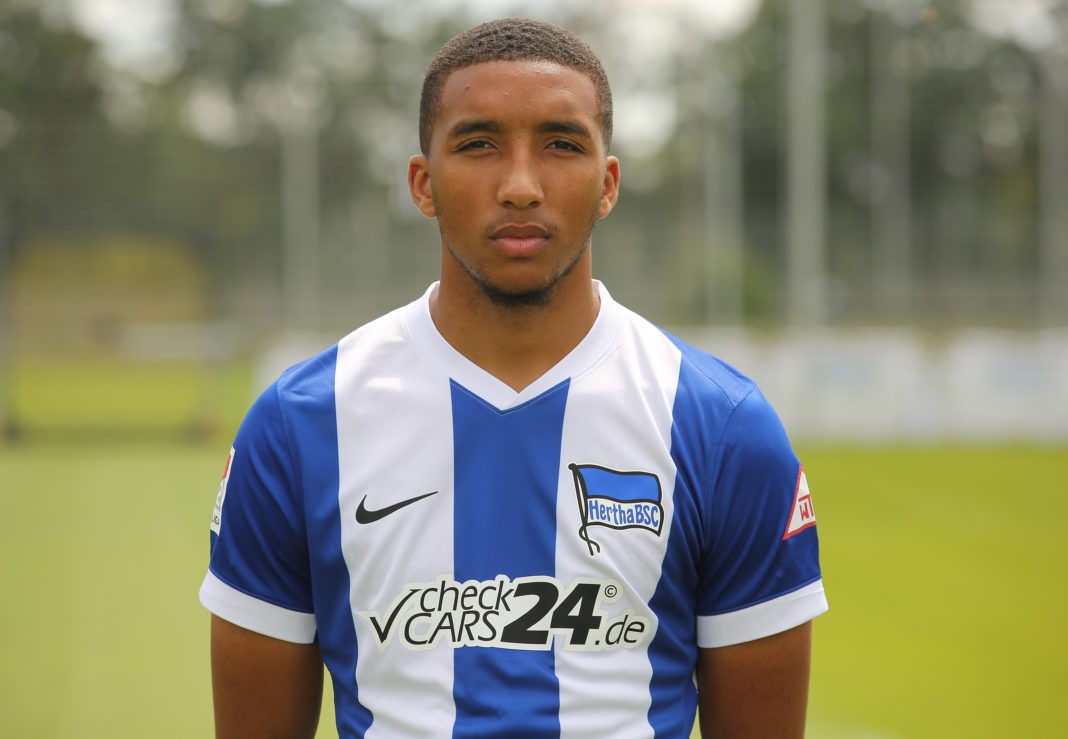 BERLIN, GERMANY - JULY 11: Bradley Ibrahim of Hertha BSC poses during the team presentation at Schenckendorfplatz on July 11, 2024 in Berlin, Germany. (Photo by Matthias Kern/Getty Images)